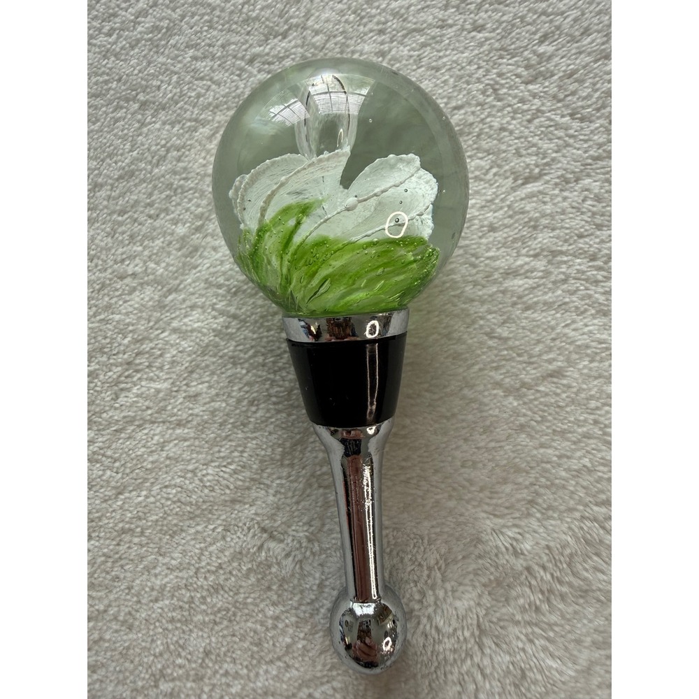 Art Handblown Glass Green Swirl Wine Bottle Stopper Beautiful 4" White Flower‎